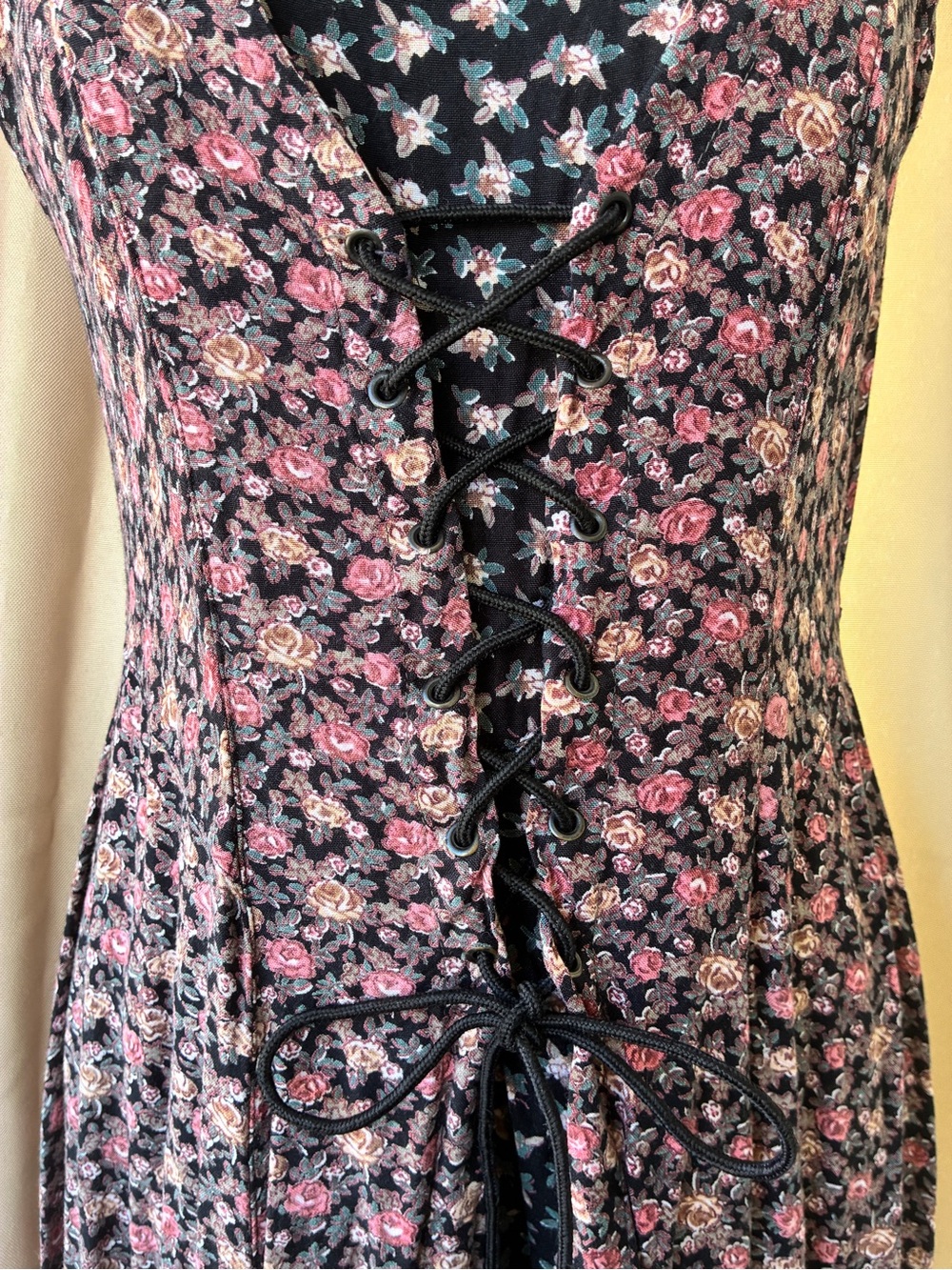 Vintage 90s Calico Print Midi Dress Corset Lace-up Coquette Grunge Whimsigoth - Picture 6 of 13